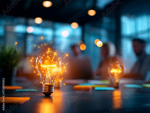 Creative brainstorming session with glowing light bulbs symbolizing innovative ideas