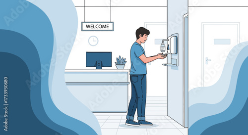 A modern illustration of a man sanitizing hands at a reception area for health and hygiene