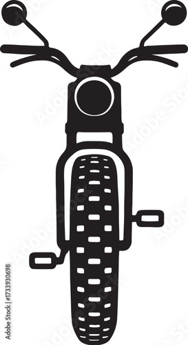 Front view silhouette of a classic motorcycle with knobby tires and handlebars against a white background