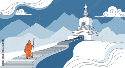 A monk's spiritual journey towards a serene Buddhist temple in the mountains