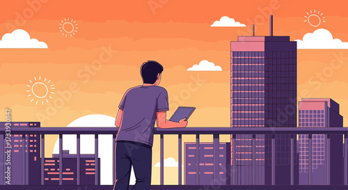 A moment of reflection: Man gazes at the sunrise cityscape from balcony with tablet in hand for