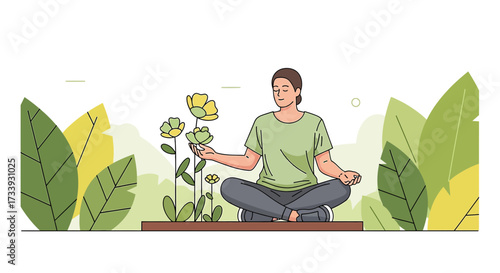 A serene illustration of a person meditating with flowers and plants around them offering a sense