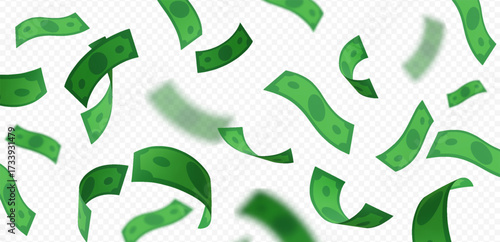 Flying dollar paper bills, curved shape, green color, wallpaper, transparent isolated background.