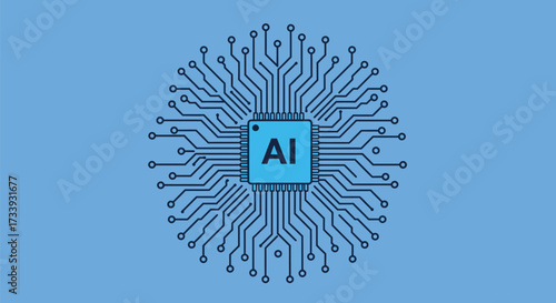 Artificial intelligence chip illustration vector design of a computer processor with neural network connections isolated on blue background on transparent background