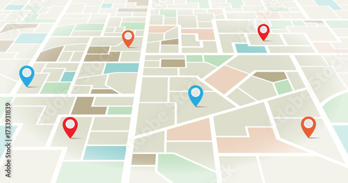 Prerspective city navigational steet maps with place pin