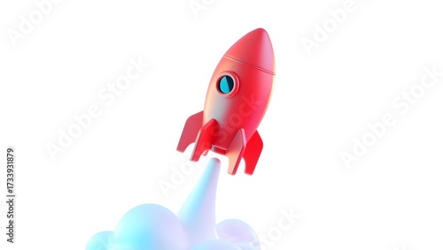 Vintage red rocket launching isolated on white background