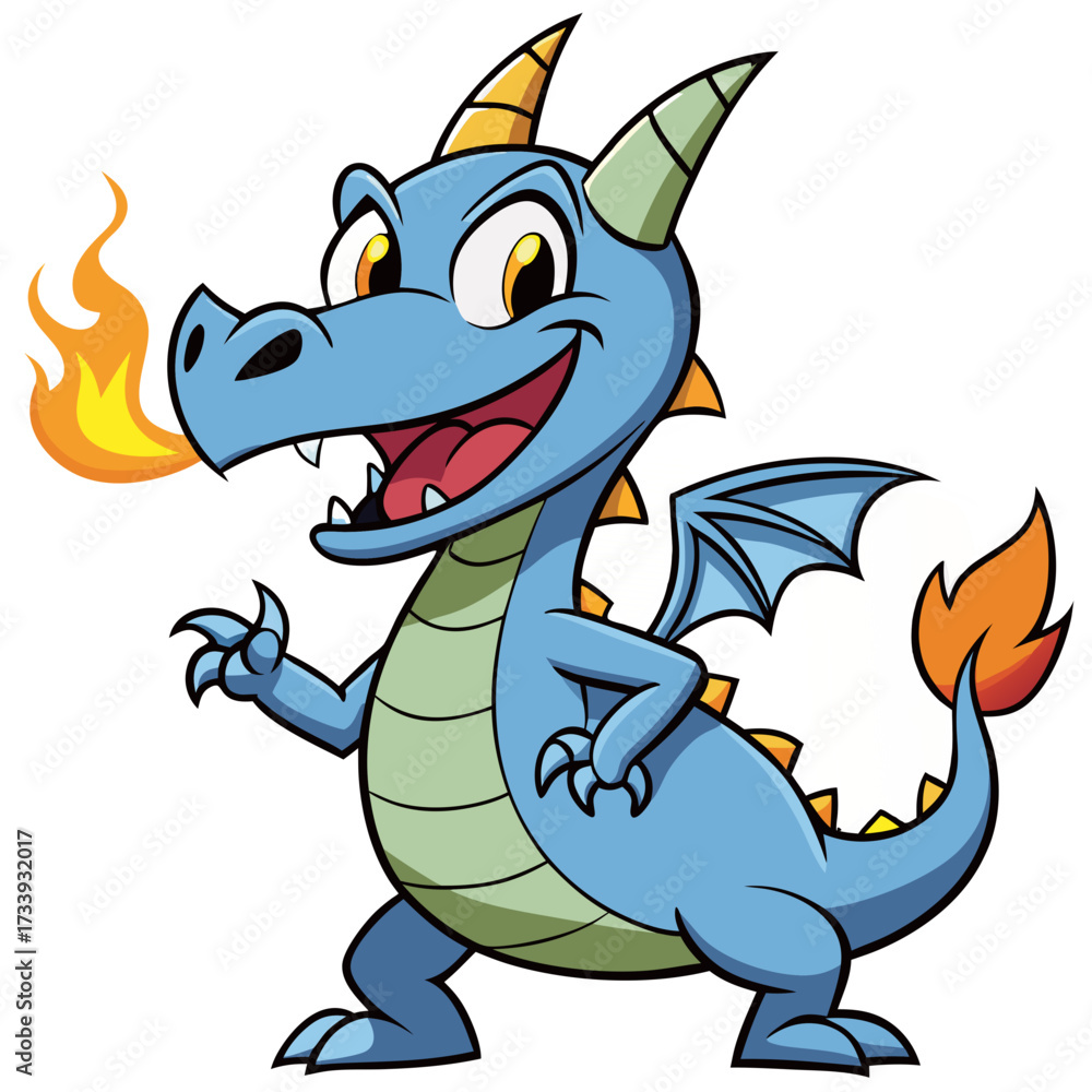 Naklejka premium Friendly Cartoon Dragon Breathing Fire with Horns and a Big Smile