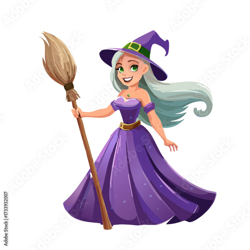 Friendly Cartoon Witch in a Purple Dress Holding a Broomstick with a Cheerful Smile
