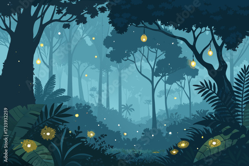 Fireflies Tropical Forest Night Scene Bold Professional Photo Ideal for Marketing