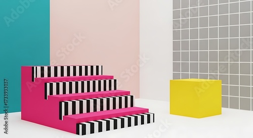 Retro Memphis Style Scene With Pink Stairs and Yellow Cube geometric