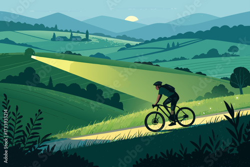 Glowing Bicycle Journey Across Fields Bold Vecto Professional Photo Suitable for Design