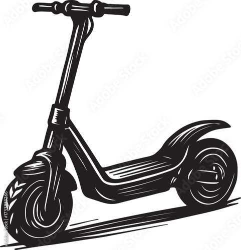Black and white illustration of a modern electric scooter with a stylized motion blur effect on a white background