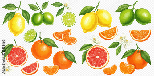 A vibrant collection of citrus fruits, including lemons, limes, grapefruits, and oranges, arranged with leaves and blossoms.