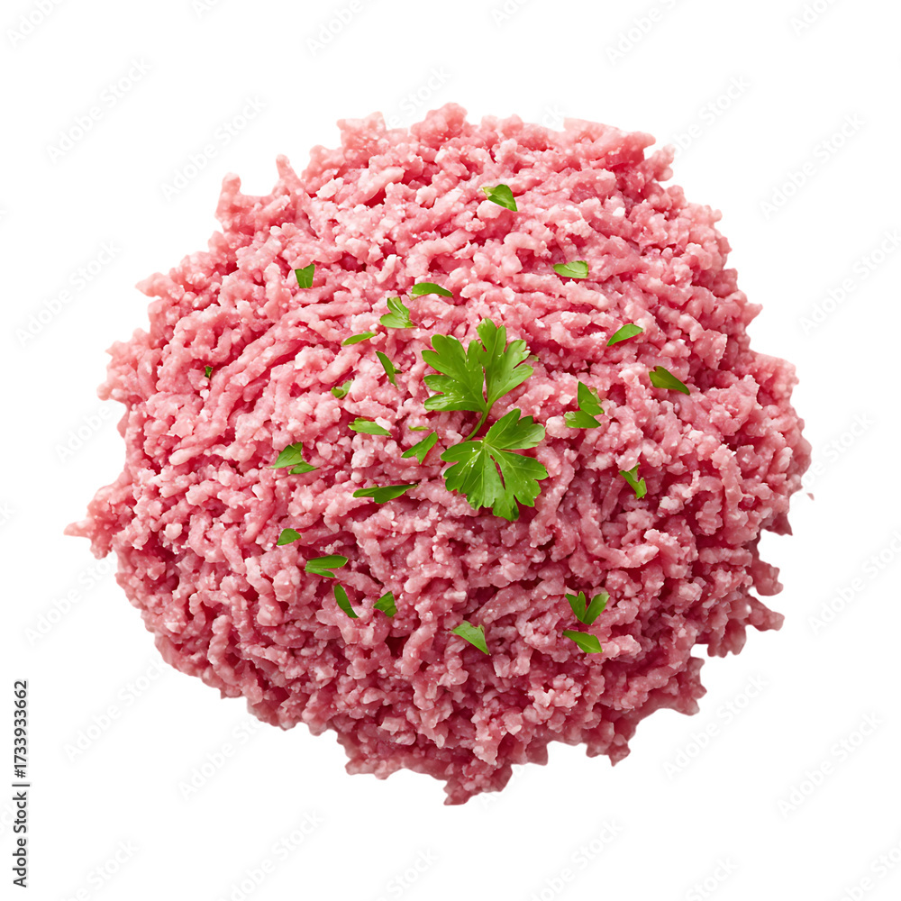 Fototapeta premium Freshly ground raw beef meat with parsley garnish isolated