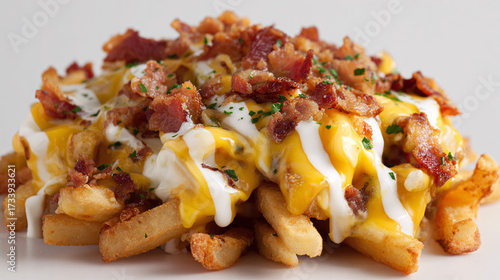 Loaded french fries with crispy bacon, cheddar cheese, and creamy sauce – indulgent comfort food closeup