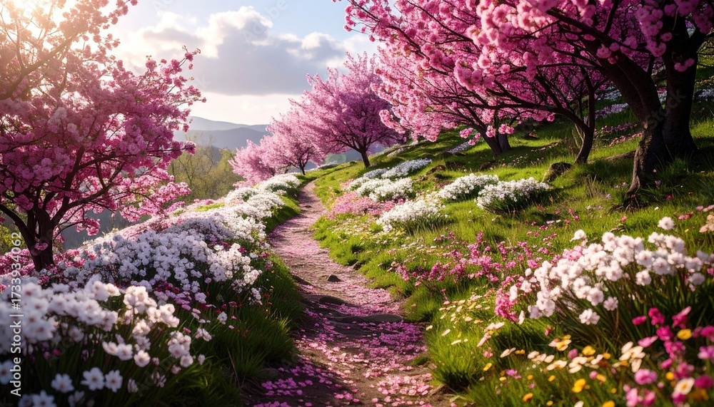 Obraz premium A springtime path winds through a meadow filled with vibrant pink and white blossoms, beneath a canopy of blossoming cherry trees, bathed in soft sunlight.