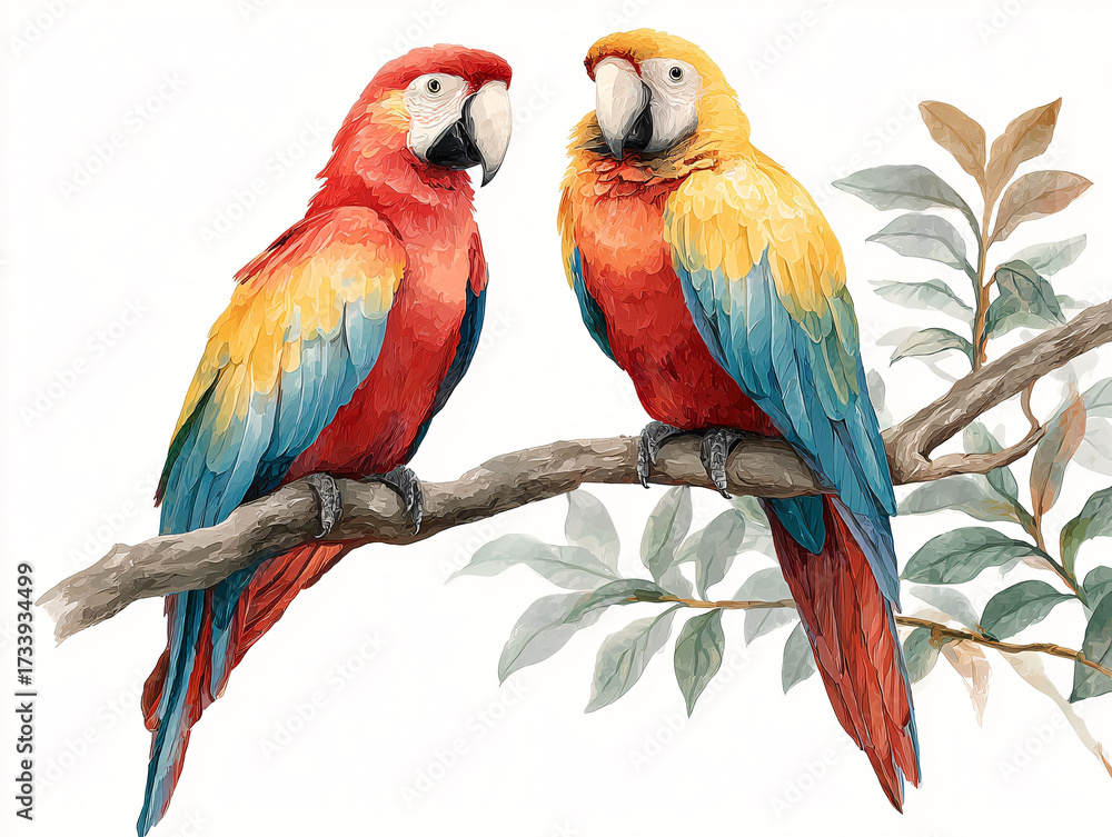 Fototapeta premium Vibrant scarlet and yellow macaws perched on a branch, colorful tropical bird illustration.