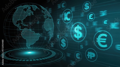 Global finance concept with currency symbols digital world economy illustration f