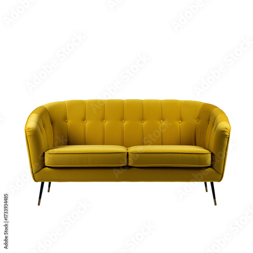 (AI) Elegant mustard yellow velvet sofa midcentury modern design on transparent background