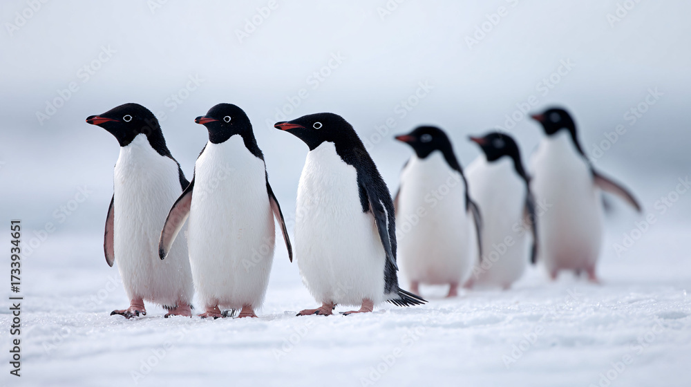 Fototapeta premium Adelie penguins in a line on Antarctic ice, wildlife conservation, cold climate, polar region.