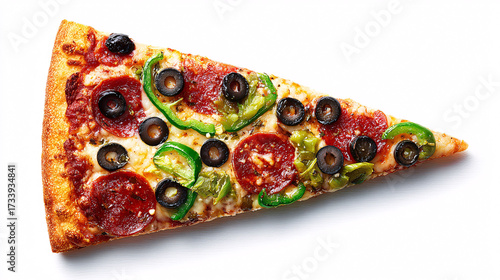 Delicious pepperoni pizza slice with olives and green peppers, overhead view, isolated on white.
