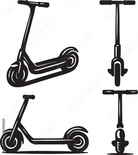 Collection of three black and white hand drawn illustrations of electric scooters in different perspectives on a white background