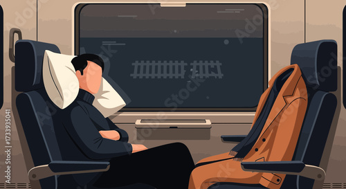 A serene train journey: Man sleeping peacefully with jacket on the seat beside him reflecting