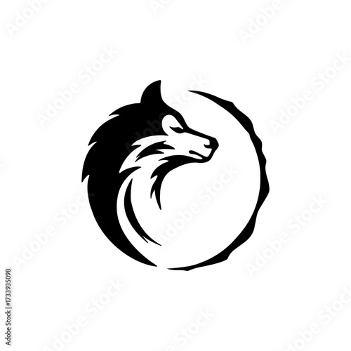 A stylized black and white logo depicting a wolf's head in profile, encircled by an abstract, incomplete ring.