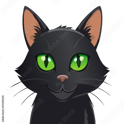 Cartoon Black Cat with Green Eyes and a Friendly Expression