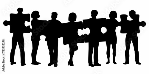 Diverse team connects puzzle pieces, symbolizing unity, collaboration, and shared success in a dynamic business environment