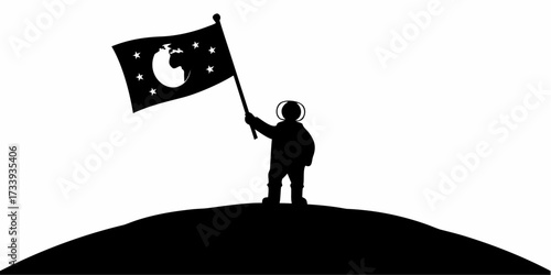 Astronaut triumphantly plants global flag on lunar peak, symbolizing exploration and new frontiers achieved