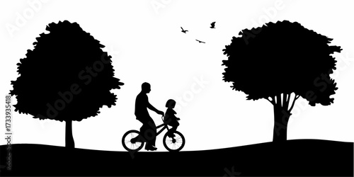 Joyful father teaches child to ride bicycle together on sunny park day surrounded by lush trees and soaring birds
