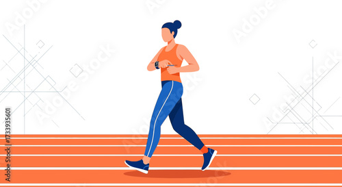 A woman running on a track checking her smartwatch for fitness and wellness illustration