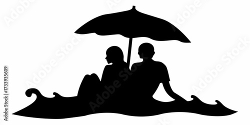 Romantic couple relaxing under beach umbrella with gentle waves creating a serene seaside escape for your next project