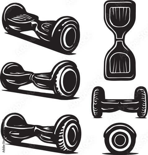 Collection of black and white hand drawn illustrations of self balancing electric scooters seen from different angles and perspectives