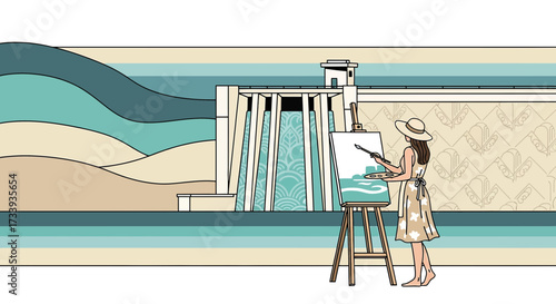 A Woman Painting a Dam Landscape, Capturing Nature's Beauty with Artistic Expression
