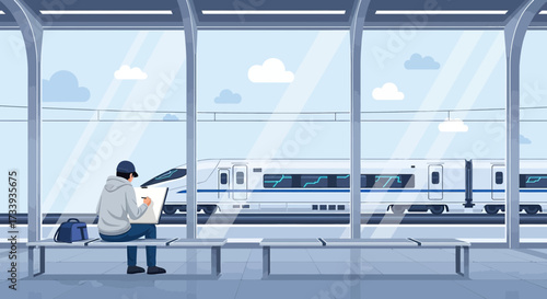 A young artist sits at a modern train station sketching a high speed train passing by capturing