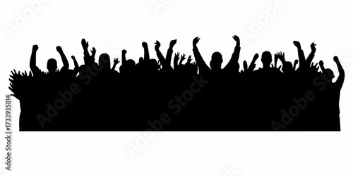 Dynamic crowd with hands raised in celebration and excitement, a vibrant scene of collective joy and energy