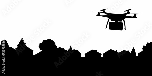 Modern drone delivering package over suburban neighborhood rooftops showcasing future logistics and efficient delivery systems