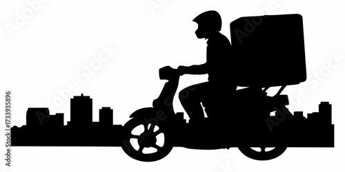 Dynamic silhouette of a delivery person on a scooter navigating a bustling city skyline, symbolizing swift urban logistics and modern commerce.