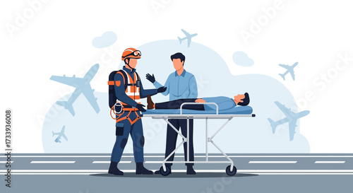 Airport emergency response team assisting injured passenger after aircraft incident scene