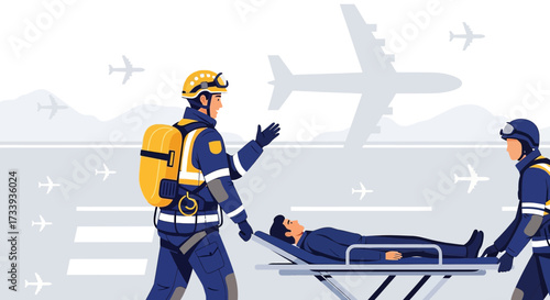 Airport emergency response team transporting injured person on a stretcher with aircrafts behind