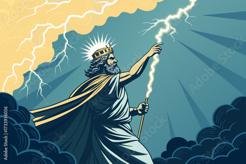 Dynamic Greek God Zeus With Glowing Thunderbolt Bold Vec High-Quality Stock Image