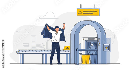 Airport security check man removing his jacket before entering scanner equipment