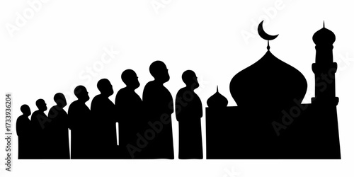 Devout Muslims stand in line for prayer at a grand mosque, creating a powerful symbol of faith and community connection