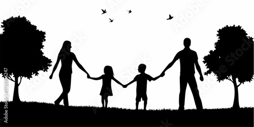 Joyful family silhouette holding hands, walking together through a grassy park with birds flying overhead creating a scene of togetherness and happiness