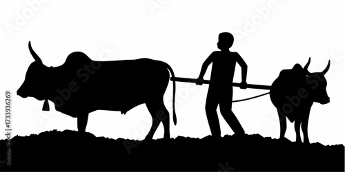 Farmer guiding oxen plowing field, traditional agriculture, rural life, strength, hard work, heritage, silhouette art, timeless connection to land, sustainable farming practices.