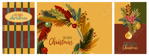 Merry Christmas! Happy New Year! A fully editable set of 3 posters in a vintage style. A narrative illustration on the theme of the winter holidays.