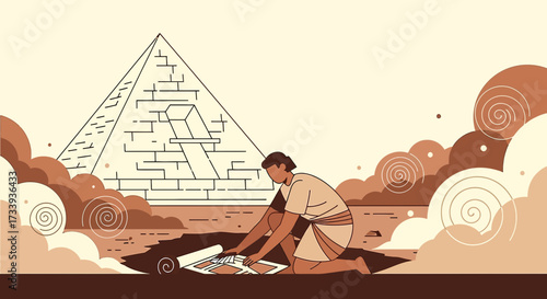 Ancient architect with the pyramid of Egypt planning drawing design project illustration vector