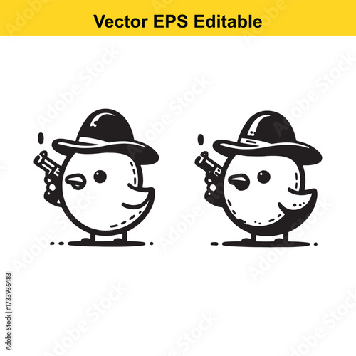 Two cartoon birds wearing hats and holding guns, isolated on white background